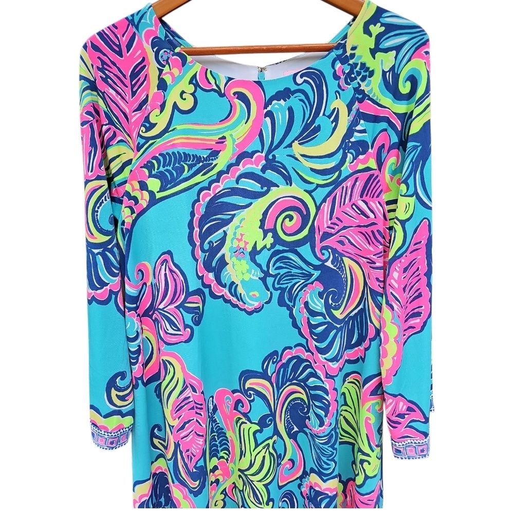 Lilly Pulitzer Bellavista Sea Blue Tropical Print Swing Dress Size L - Picture 4 of 10